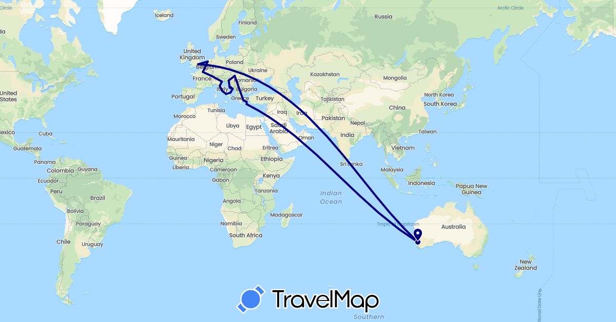 TravelMap itinerary: driving in Australia, France, United Kingdom, Greece, Croatia, Hungary, Italy, Netherlands (Europe, Oceania)